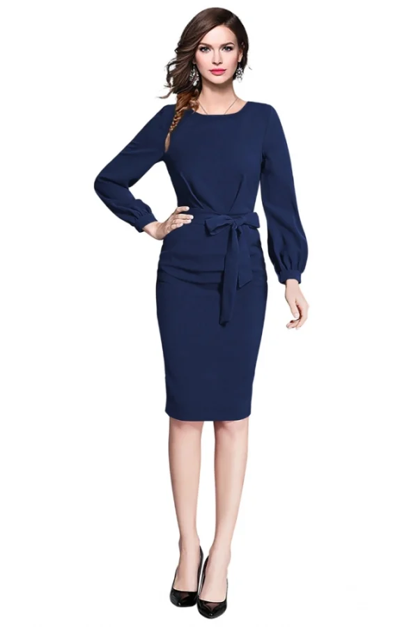 Women's Knitting stretchable Solid Round Neck Full Sleeve Dress (Blue)