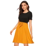Women's Knitting stretchable Solid Round Neck Cap Sleeve Dress (Yellow) - Image 2