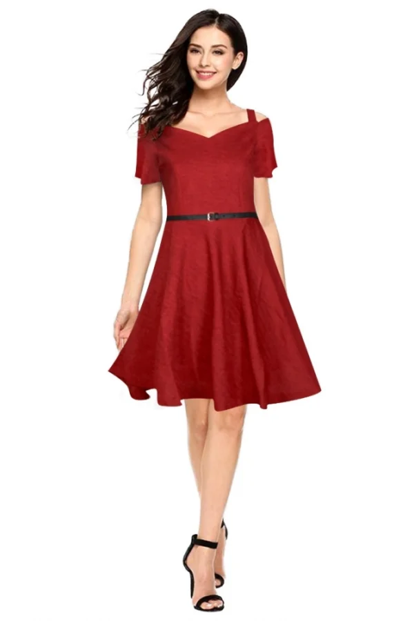 Women's Polyester Solid V Neck Cap Sleeve Dress (Maroon)