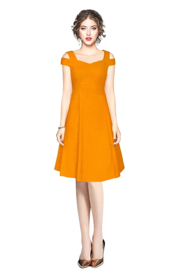 Women's Polyester Solid V Neck Cap Sleeve off Shoulder Dress (Yellow)