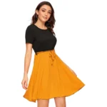 Women's Knitting stretchable Solid Round Neck Cap Sleeve Dress (Yellow) - Image 4