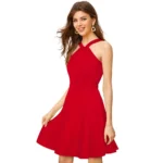 Women's Knitting stretchable Solid Halter Neck Sleeveless Dress (Red ) - Image 4