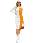 Women's Knitting stretchable Solid Round Neck Full Sleeve Dress (Yellow)