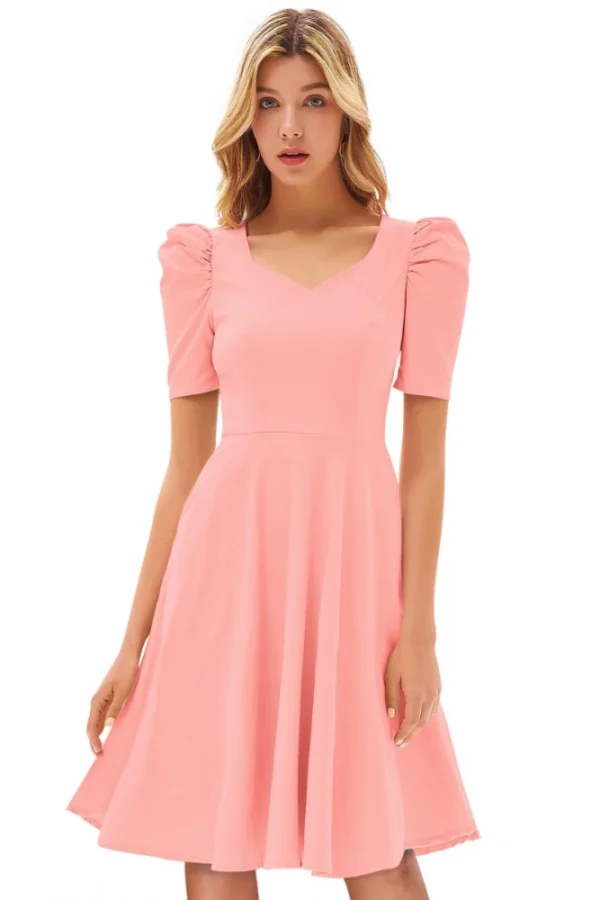 Women's Knitting stretchable Solid V Neck Cap Sleeve Dress (Peach)