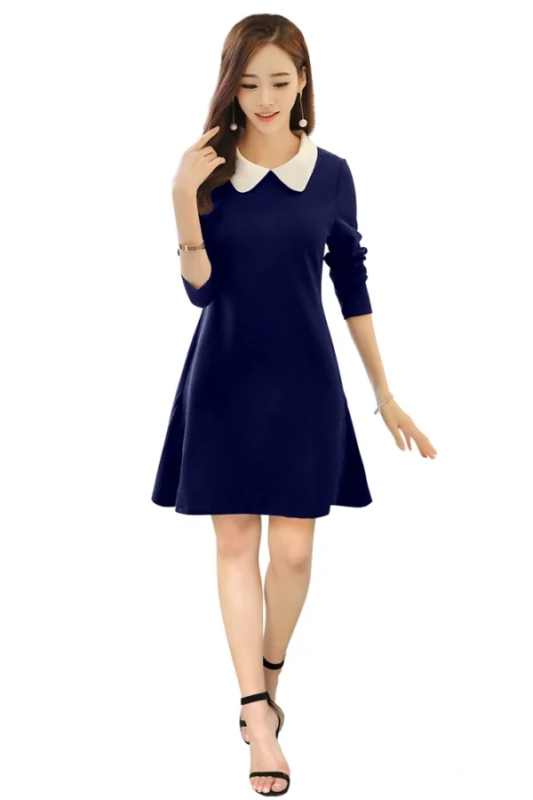 Women's Polyester Solid Collar 3-4th Dress (Blue)
