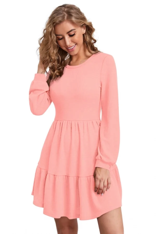 Women's Knitting stretchable Solid Round Neck Full Sleeve Dress (Peach)