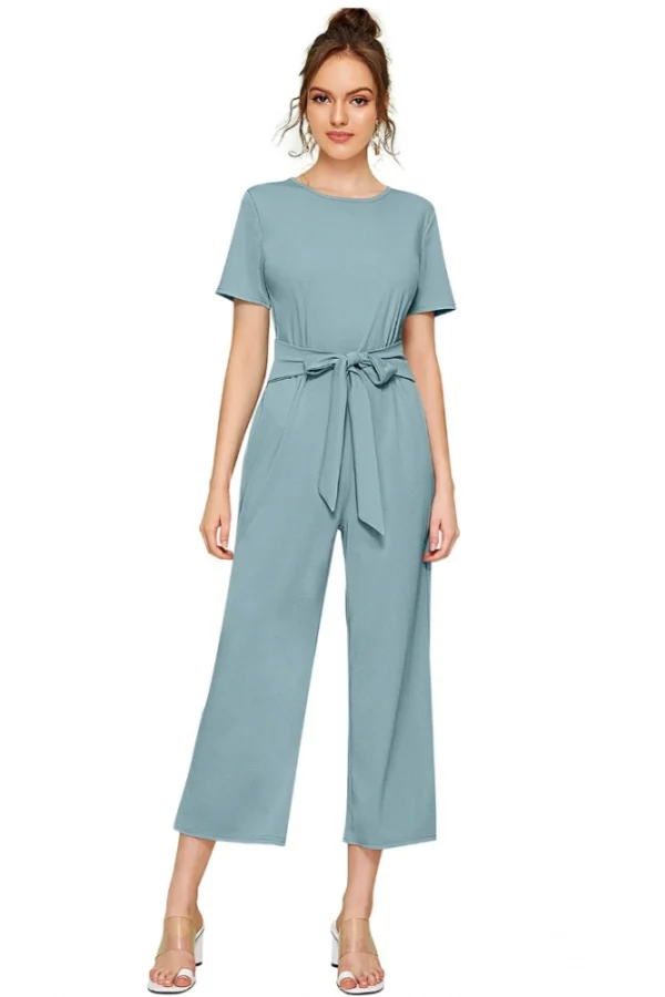 Women's Knitting stretchable Solid Round Neck Cap Sleeve Jumpsuit (Pista )