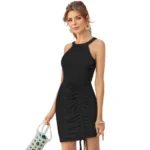 Women's Knitting stretchable Solid Round Neck Sleeveless Dress (Black) - Image 2