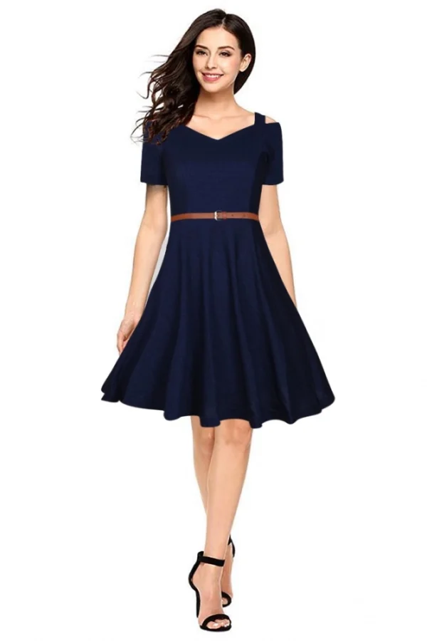 Women's Polyester Solid V Neck Cap Sleeve Dress (Blue)