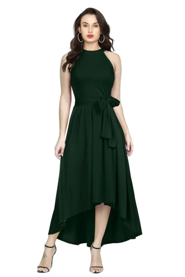 Women's Polyster Solid Halter Neck Sleeveless Dress (Green)