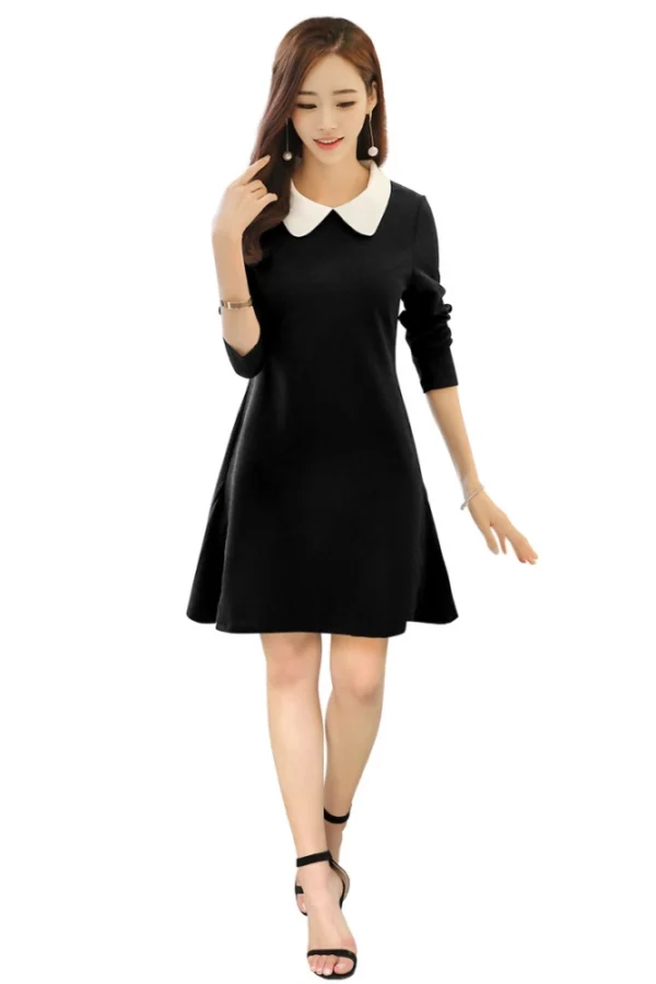 Women's Polyester Solid Collar 3-4th Dress (Black)
