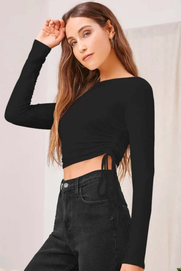 Women's Polyester Solid Round Neck Full Sleeve Top (Black)