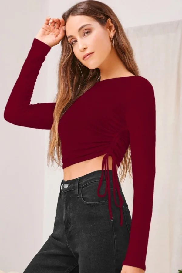 Women's Polyester Solid Round Neck Full Sleeve Top (Maroon)