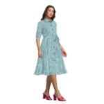 Women's Ruby Cotton Printed Shirt Collar 3-4th Sleeve Dress (Pista) - Image 4