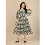Women's Georgette Printed Round Neck Short Sleeve Dress (Black) - Image 4
