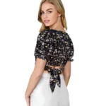 Women's Knitting Printed V-Neck Puff Sleeve Tops (Black) - Image 4