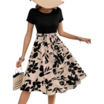 Women's Knitting Printed Round Neck Short Sleeve Dress (Cream) - Image 3