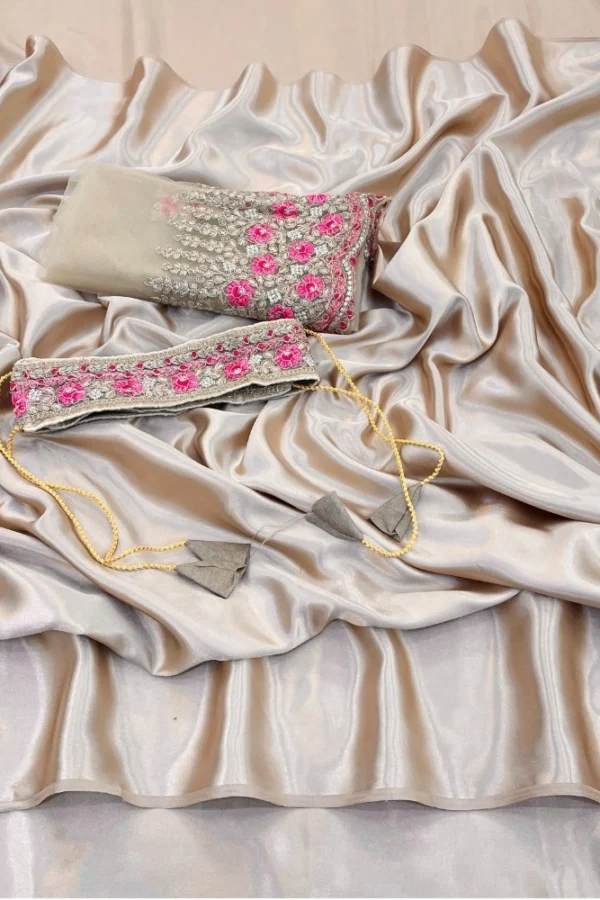 Women's Satin Solid Saree With Unstitched Blouse (Beige, 5-5 Mtrs)