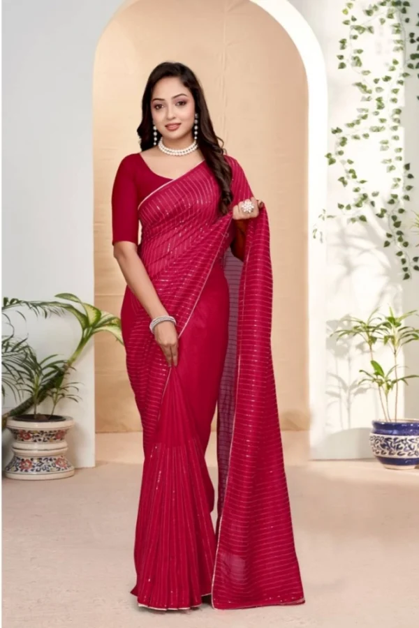 Women's Vichitra Silk Striped Saree With Unstitched Blouse 5.5Mtr (Pink)