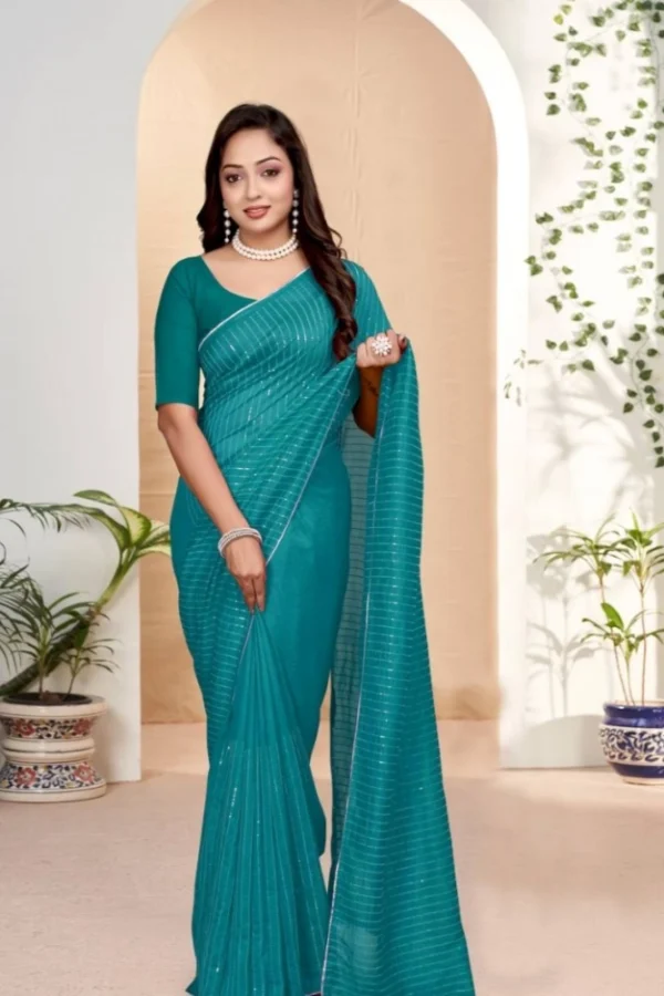 Women's Vichitra Silk Striped Saree With Unstitched Blouse 5.5Mtr (Sky Blue)