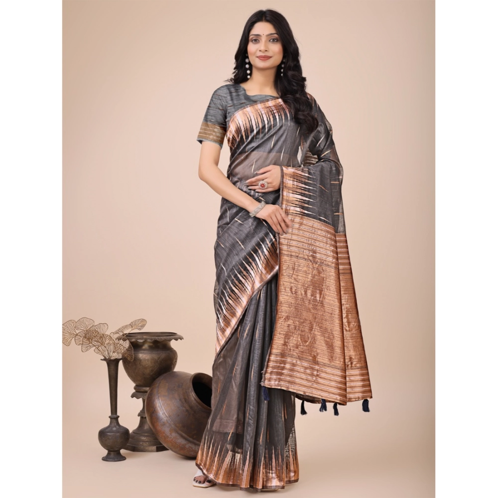 54441557037_07e6752fa1_o_d-1000x1000-1.webp Women's Linen Cotton Printed Saree With Unstitched Blouse 5.5Mtr (Grey) - Image 1