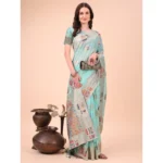 Women's Linen Cotton Printed Saree With Unstitched Blouse 5.5Mtr (Sky Blue) - Image 2