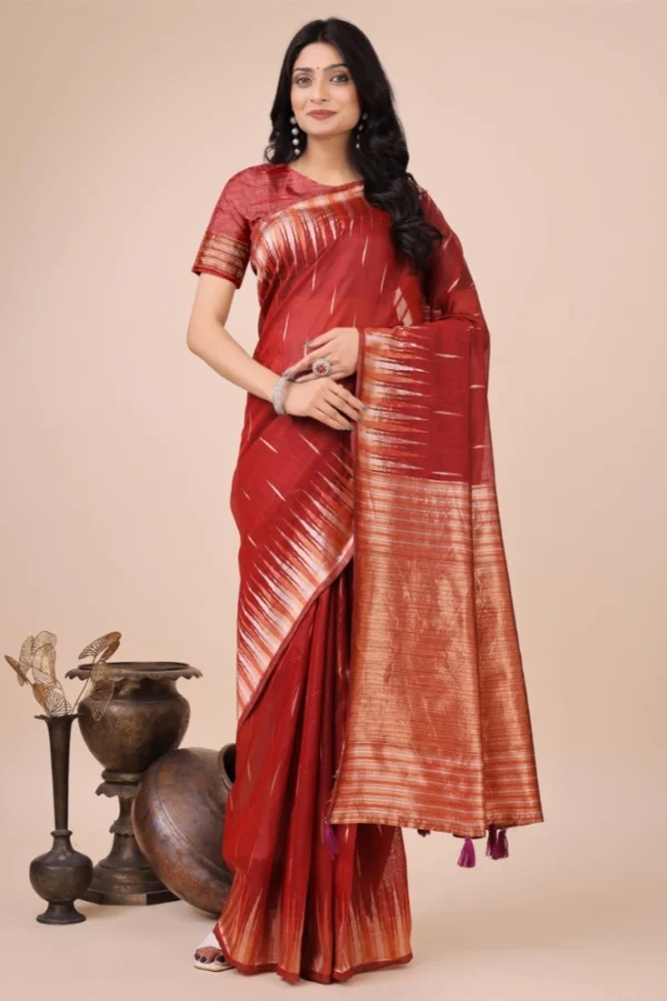 Women's Linen Cotton Printed Saree With Unstitched Blouse 5.5Mtr (Red)