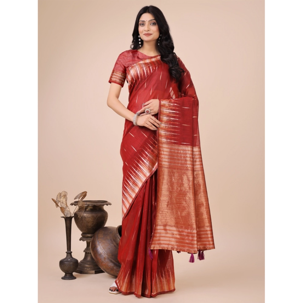 54442415836_aabf1e93e5_o_d-1000x1000-1.webp Women's Linen Cotton Printed Saree With Unstitched Blouse 5.5Mtr (Red) - Image 1