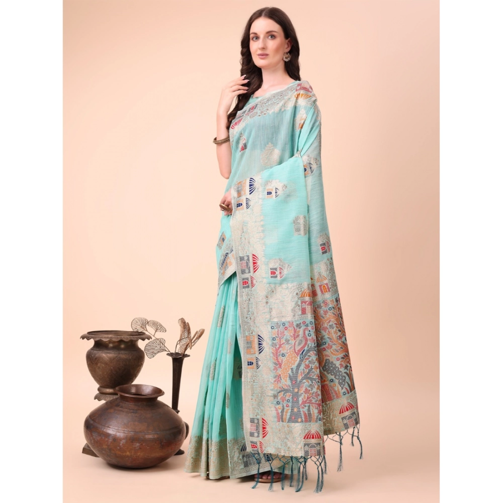 54442602199_26ee5e6cfa_o_d-1000x1000-1.webp Women's Linen Cotton Printed Saree With Unstitched Blouse 5.5Mtr (Sky Blue) - Image 1