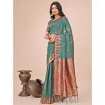 Women's Linen Cotton Printed Saree With Unstitched Blouse 5.5Mtr (Green) - Image 2