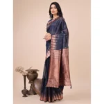 Women's Linen Cotton Printed Saree With Unstitched Blouse 5.5Mtr (Navy Blue) - Image 2