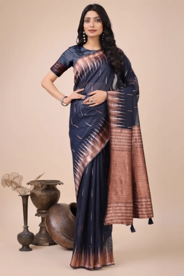 Women's Linen Cotton Printed Saree With Unstitched Blouse 5.5Mtr (Navy Blue)