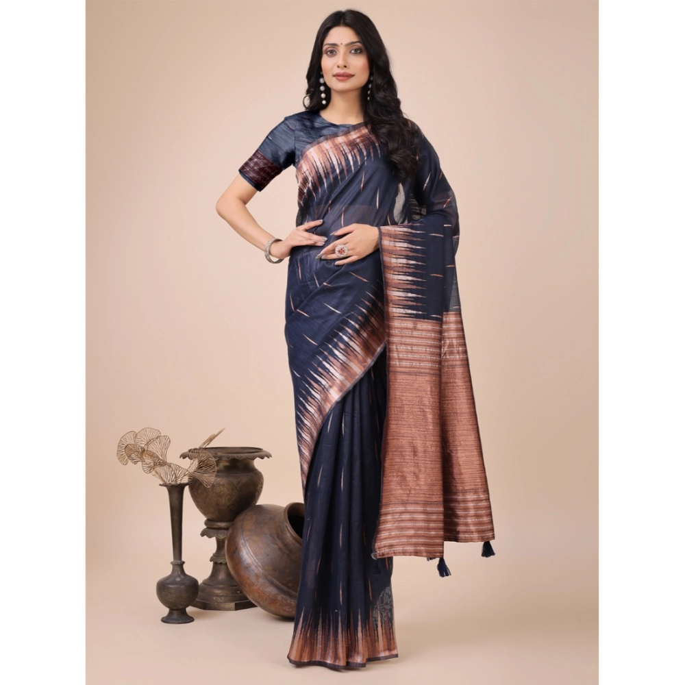 54442603509_140cfda4d7_o_d-1000x1000-1.webp Women's Linen Cotton Printed Saree With Unstitched Blouse 5.5Mtr (Navy Blue) - Image 1