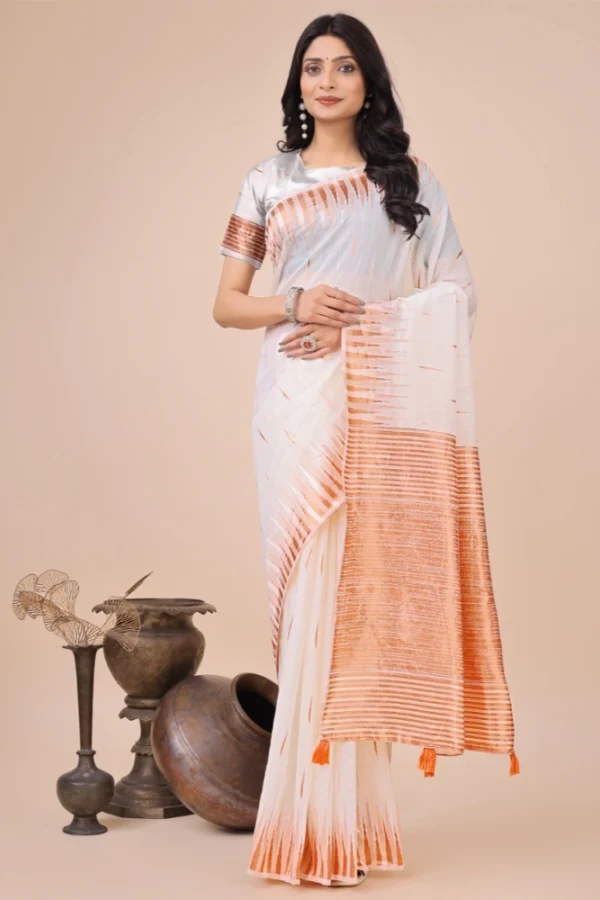 Women's Linen Cotton Printed Saree With Unstitched Blouse 5.5Mtr (White)