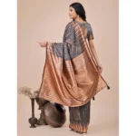 Women's Linen Cotton Printed Saree With Unstitched Blouse 5.5Mtr (Grey) - Image 3