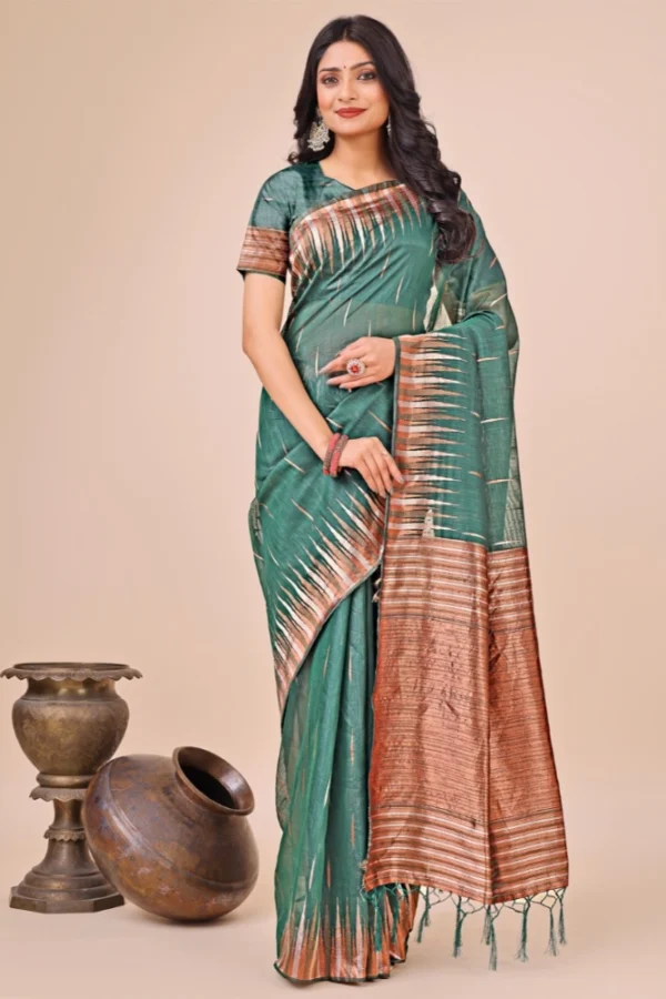 Women's Linen Cotton Printed Saree With Unstitched Blouse 5.5Mtr (Green)