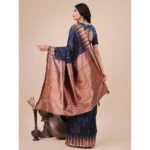 Women's Linen Cotton Printed Saree With Unstitched Blouse 5.5Mtr (Navy Blue) - Image 3