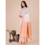 Women's Linen Cotton Printed Saree With Unstitched Blouse 5.5Mtr (White) - Image 2