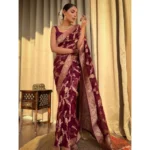 Women's Silk Printed Saree With Unstitched Blouse 5.5Mtr (Maroon) - Image 3