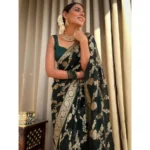Women's Silk Printed Saree With Unstitched Blouse 5.5Mtr (Dark Green) - Image 3