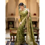 Women's Silk Printed Saree With Unstitched Blouse 5.5Mtr (Olive Green) - Image 2