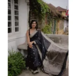 Women's Silk Printed Saree With Unstitched Blouse 5.5Mtr (Black) - Image 2