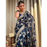 Women's Silk Printed Saree With Unstitched Blouse 5.5Mtr (Dark Blue) - Image 3