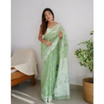 Women's Cotton  Printed Saree With Unstitched Blouse 5.5Mtr (Pista) - Image 2