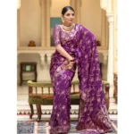 Women's Silk Printed Saree With Unstitched Blouse 5.5Mtr (Purple) - Image 2
