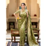 Women's Silk Printed Saree With Unstitched Blouse 5.5Mtr (Olive Green) - Image 3