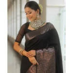 Women's Silk Printed Saree With Unstitched Blouse 5.5Mtr (Black) - Image 3