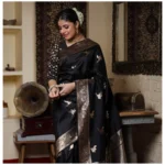 Women's Silk Printed Saree With Unstitched Blouse 5.5Mtr (Black) - Image 2