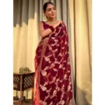 Women's Silk Printed Saree With Unstitched Blouse 5.5Mtr (Maroon) - Image 2