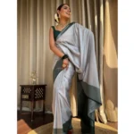Women's Silk Printed Saree With Unstitched Blouse 5.5Mtr (Grey) - Image 3